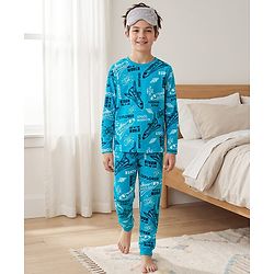 Pine Kids Cotton Knit Full Sleeves Co-ord Set Night Suit with Space Theme Print - Aqua Blue