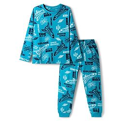 Pine Kids Cotton Knit Full Sleeves Co-ord Set Night Suit with Space Theme Print - Aqua Blue