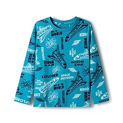 Pine Kids Cotton Knit Full Sleeves Co-ord Set Night Suit with Space Theme Print - Aqua Blue