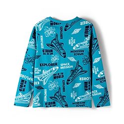 Pine Kids Cotton Knit Full Sleeves Co-ord Set Night Suit with Space Theme Print - Aqua Blue
