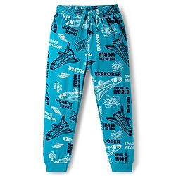 Pine Kids Cotton Knit Full Sleeves Co-ord Set Night Suit with Space Theme Print - Aqua Blue