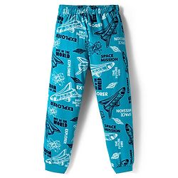 Pine Kids Cotton Knit Full Sleeves Co-ord Set Night Suit with Space Theme Print - Aqua Blue