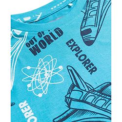 Pine Kids Cotton Knit Full Sleeves Co-ord Set Night Suit with Space Theme Print - Aqua Blue