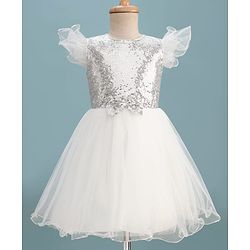 Pine Kids Woven Frill Sleeves Sequinned Flared Party Wear Dress With Bow Applique - White