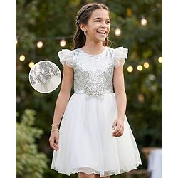 Pine Kids Woven Frill Sleeves Sequinned Flared Party Wear Dress With Bow Applique - White