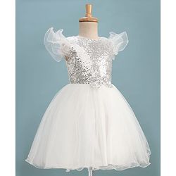 Pine Kids Woven Frill Sleeves Sequinned Flared Party Wear Dress With Bow Applique - White