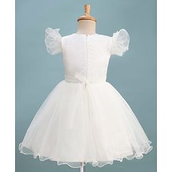 Pine Kids Woven Frill Sleeves Sequinned Flared Party Wear Dress With Bow Applique - White