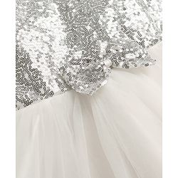 Pine Kids Woven Frill Sleeves Sequinned Flared Party Wear Dress With Bow Applique - White