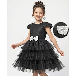 Pine Kids Woven Half Sleeves Shimmered Party Dress With Sequinned Bow Applique - Black