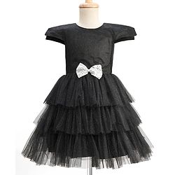 Pine Kids Woven Half Sleeves Shimmered Party Dress With Sequinned Bow Applique - Black