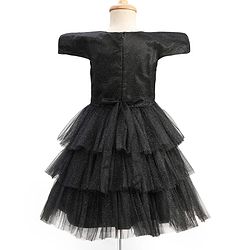 Pine Kids Woven Half Sleeves Shimmered Party Dress With Sequinned Bow Applique - Black