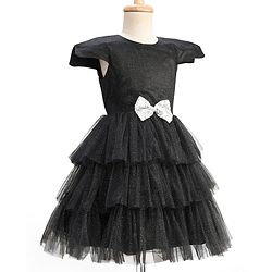 Pine Kids Woven Half Sleeves Shimmered Party Dress With Sequinned Bow Applique - Black