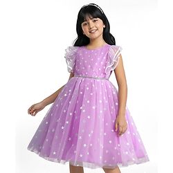 Pine Kids Woven Flutter Sleeves Party Dress With Glitter Star Print - Lilac