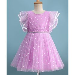 Pine Kids Woven Flutter Sleeves Party Dress With Glitter Star Print - Lilac