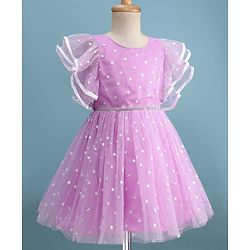 Pine Kids Woven Flutter Sleeves Party Dress With Glitter Star Print - Lilac