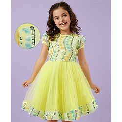 Pine Kids Woven Half Sleeves Party Dress With Floral Applique & Sequin Detailing - Yellow