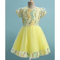Pine Kids Woven Half Sleeves Party Dress With Floral Applique & Sequin Detailing - Yellow