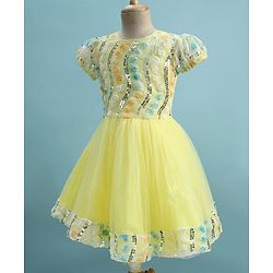 Pine Kids Woven Half Sleeves Party Dress With Floral Applique & Sequin Detailing - Yellow