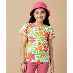 Pine Kids Cotton Knit Flutter Sleeves Top with Floral Print - Light Green & Pink