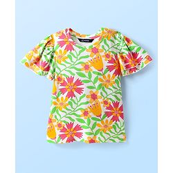 Pine Kids Cotton Knit Flutter Sleeves Top with Floral Print - Light Green & Pink