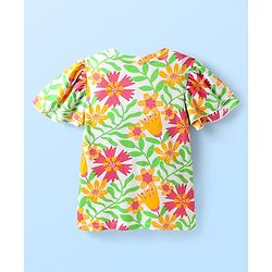 Pine Kids Cotton Knit Flutter Sleeves Top with Floral Print - Light Green & Pink