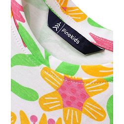 Pine Kids Cotton Knit Flutter Sleeves Top with Floral Print - Light Green & Pink
