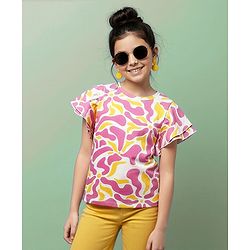 Pine Kids Cotton Knit Half Flutter Sleeves Top with Abstract Print - Multicolor
