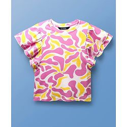 Pine Kids Cotton Knit Half Flutter Sleeves Top with Abstract Print - Multicolor