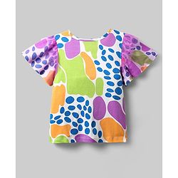Pine Kids Cotton Knit Flutter Sleeves Top with Abstract Print - White & Plum