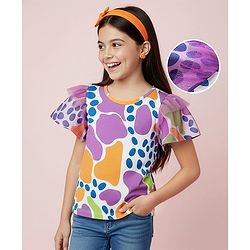 Pine Kids Cotton Knit Flutter Sleeves Top with Abstract Print - White & Plum