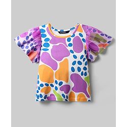 Pine Kids Cotton Knit Flutter Sleeves Top with Abstract Print - White & Plum