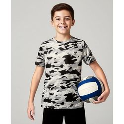 Pine Active Knit Half Sleeves T-Shirt with Camouflage Print - Grey & Black