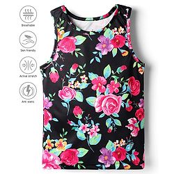 Pine Active Knit Sleeveless Floral Printed T-Shirt - Black