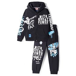 Pine Kids Marvel Terry Knit Full Sleeves Hooded Sweatshirt with Trackpants Set with Spider-Man Graphic - Black
