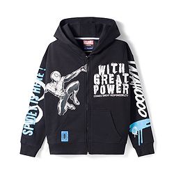 Pine Kids Marvel Terry Knit Full Sleeves Hooded Sweatshirt with Trackpants Set with Spider-Man Graphic - Black