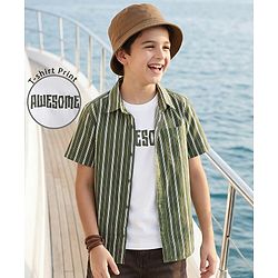 Pine Kids Cotton Woven Half Sleeves Striped Shirt With T-Shirt - Green