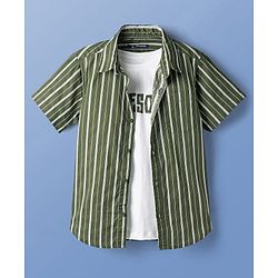 Pine Kids Cotton Woven Half Sleeves Striped Shirt With T-Shirt - Green