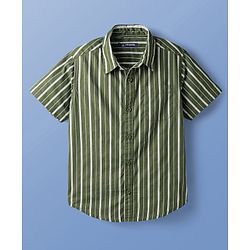Pine Kids Cotton Woven Half Sleeves Striped Shirt With T-Shirt - Green