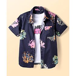 Pine Kids Cotton Woven Half Sleeves Abstract Printed Shirt with Inner Tee - Navy Blue