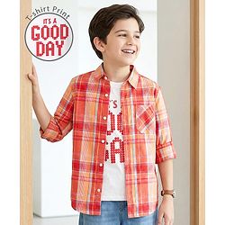 Pine Kids Cotton Woven Full Sleeves Checked Shirt with Inner Tee - Dark Orange & White