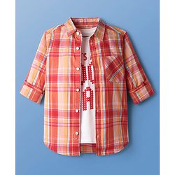 Pine Kids Cotton Woven Full Sleeves Checked Shirt with Inner Tee - Dark Orange & White