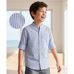 Pine Kids Cotton Woven Full Sleeves Striped Shirt with Mandarin Collar - Sky Blue & White