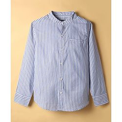 Pine Kids Cotton Woven Full Sleeves Striped Shirt with Mandarin Collar - Sky Blue & White