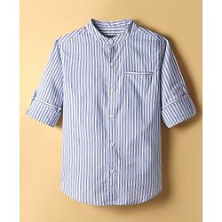Pine Kids Cotton Woven Full Sleeves Striped Shirt with Mandarin Collar - Sky Blue & White