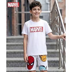 Pine Kids Marvel Single Jersey Knit Half Sleeve T-Shirt & Shorts  Set with Avengers Graphics - White