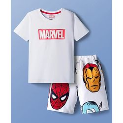 Pine Kids Marvel Single Jersey Knit Half Sleeve T-Shirt & Shorts  Set with Avengers Graphics - White