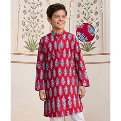 Pine Kids Cotton Woven Mandarin Collar Kurta With Floral Print - Maroon