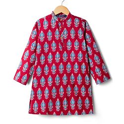 Pine Kids Cotton Woven Mandarin Collar Kurta With Floral Print - Maroon
