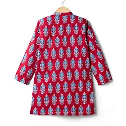 Pine Kids Cotton Woven Mandarin Collar Kurta With Floral Print - Maroon