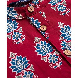 Pine Kids Cotton Woven Mandarin Collar Kurta With Floral Print - Maroon